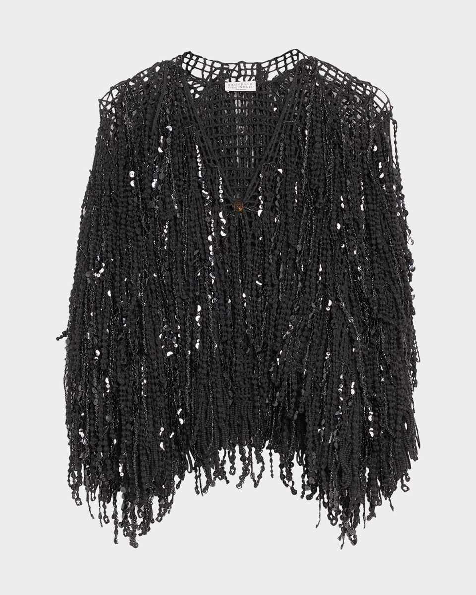 Paillette Fringe Embroidered Single-Button Cardigan